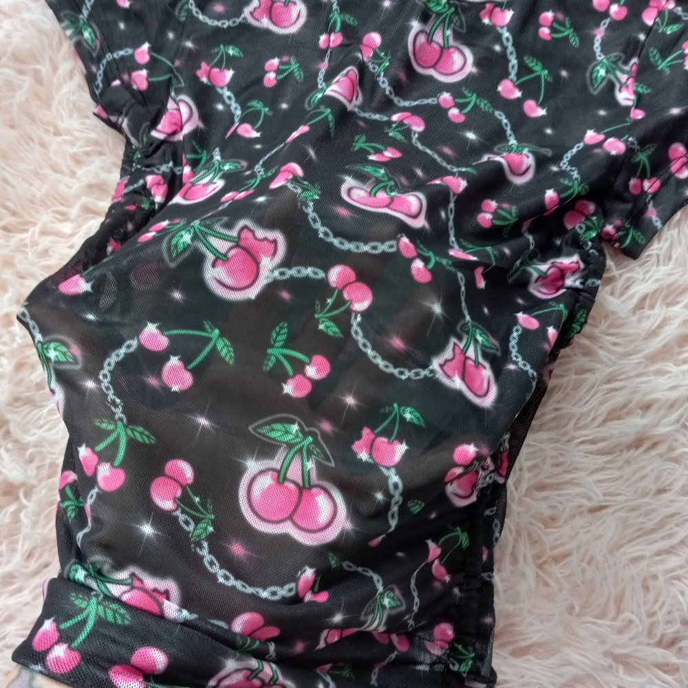 SOLD! Dolls Kill cherries ruched baby doll top! Sheer mesh kawaii cute nwt top! - Picture 7 of 13